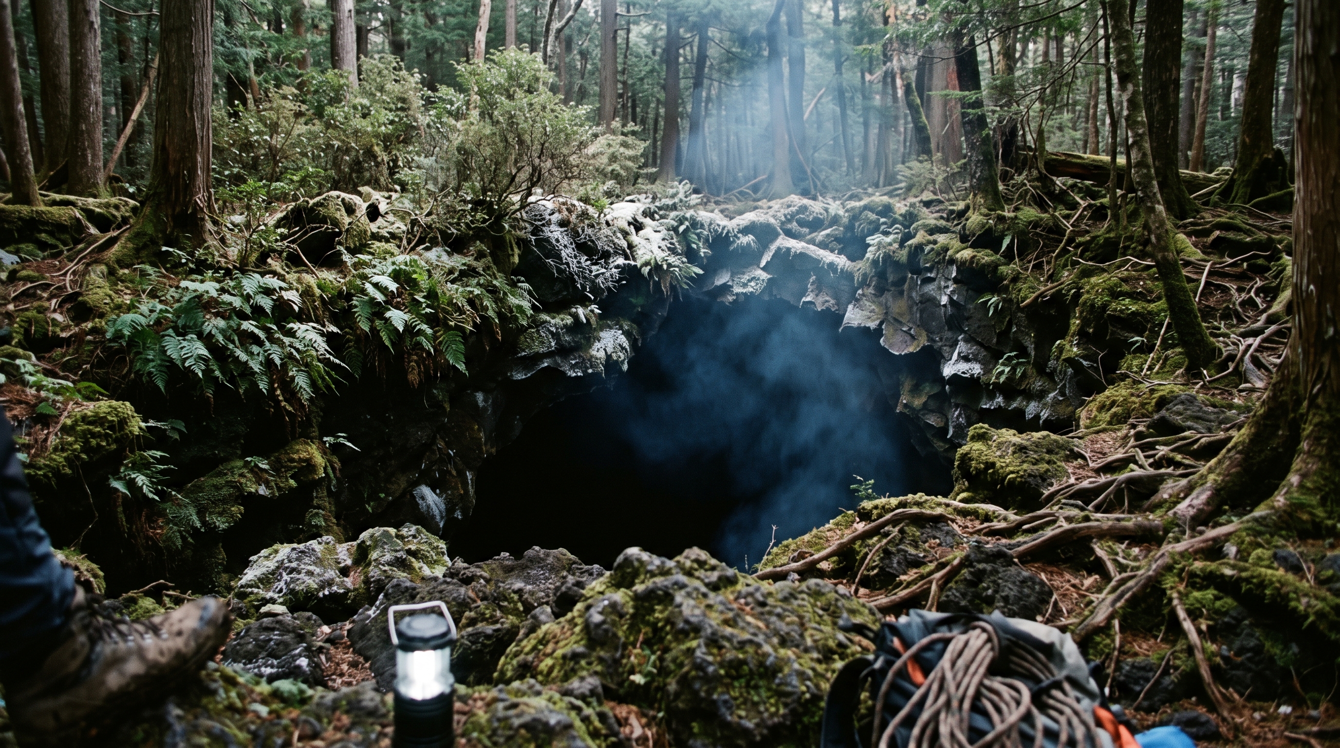 The gaping entrance of a subterranean volcanic lava tube cave in Jukai