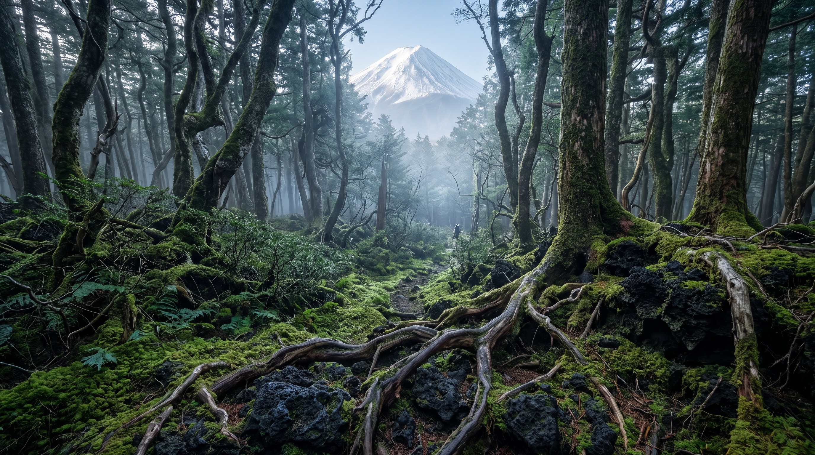 Dense twisted mossy trees growing over black volcanic rock in Aokigahara