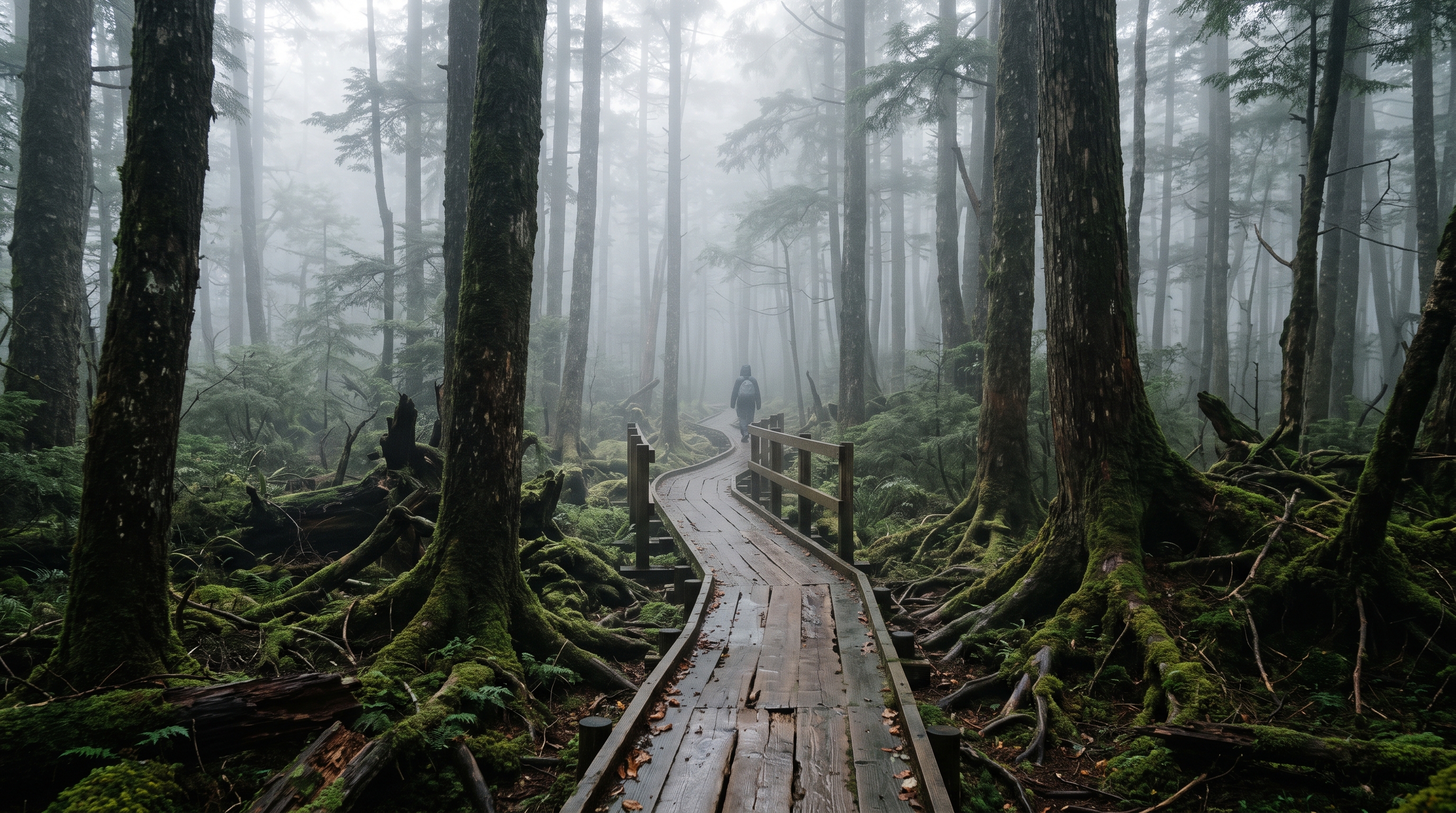 A narrow wooden boardwalk path cutting through the misty Aokigahara wilderness