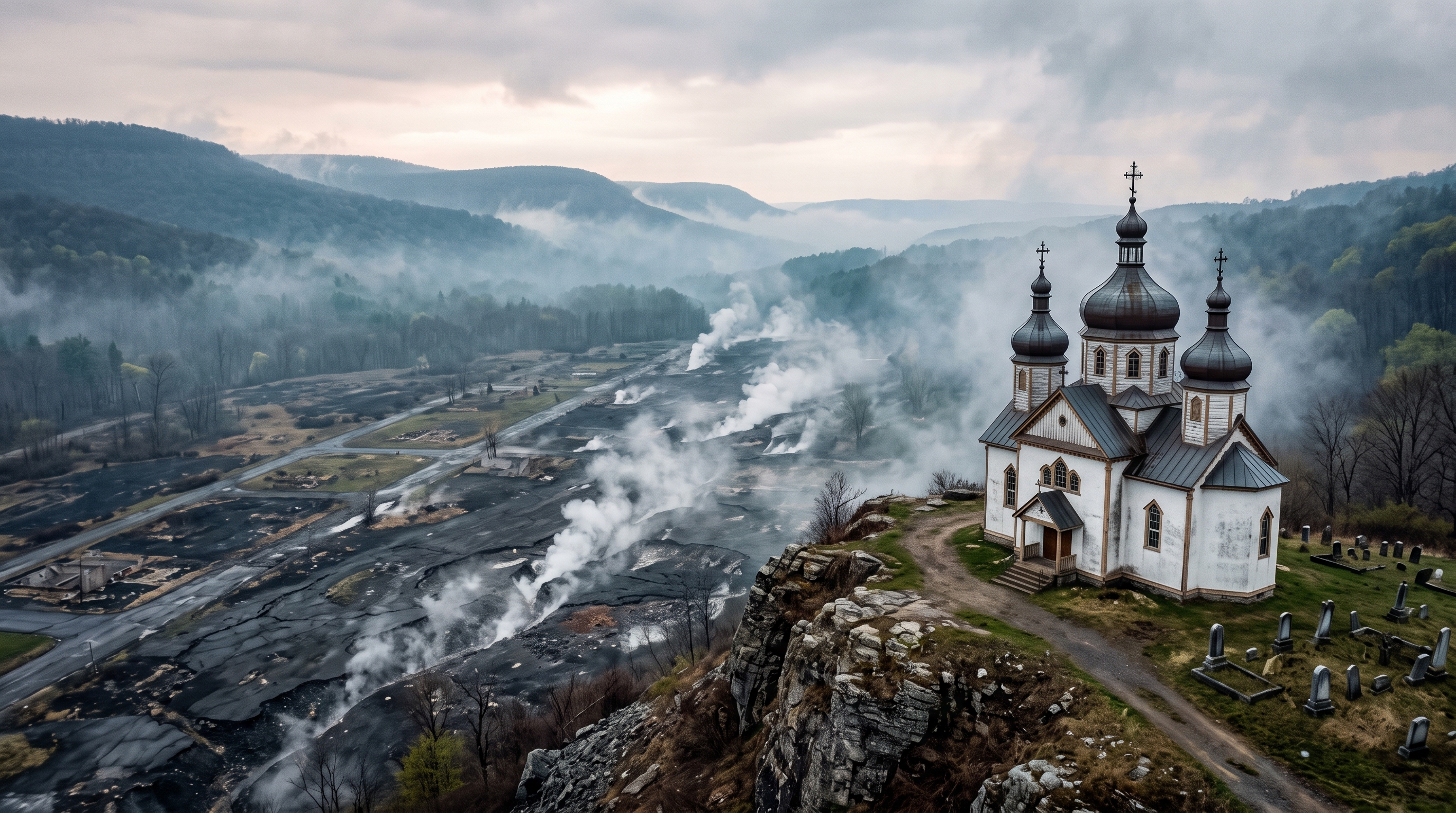 The white onion dome of St. Mary Church overlooking the smoking mountain