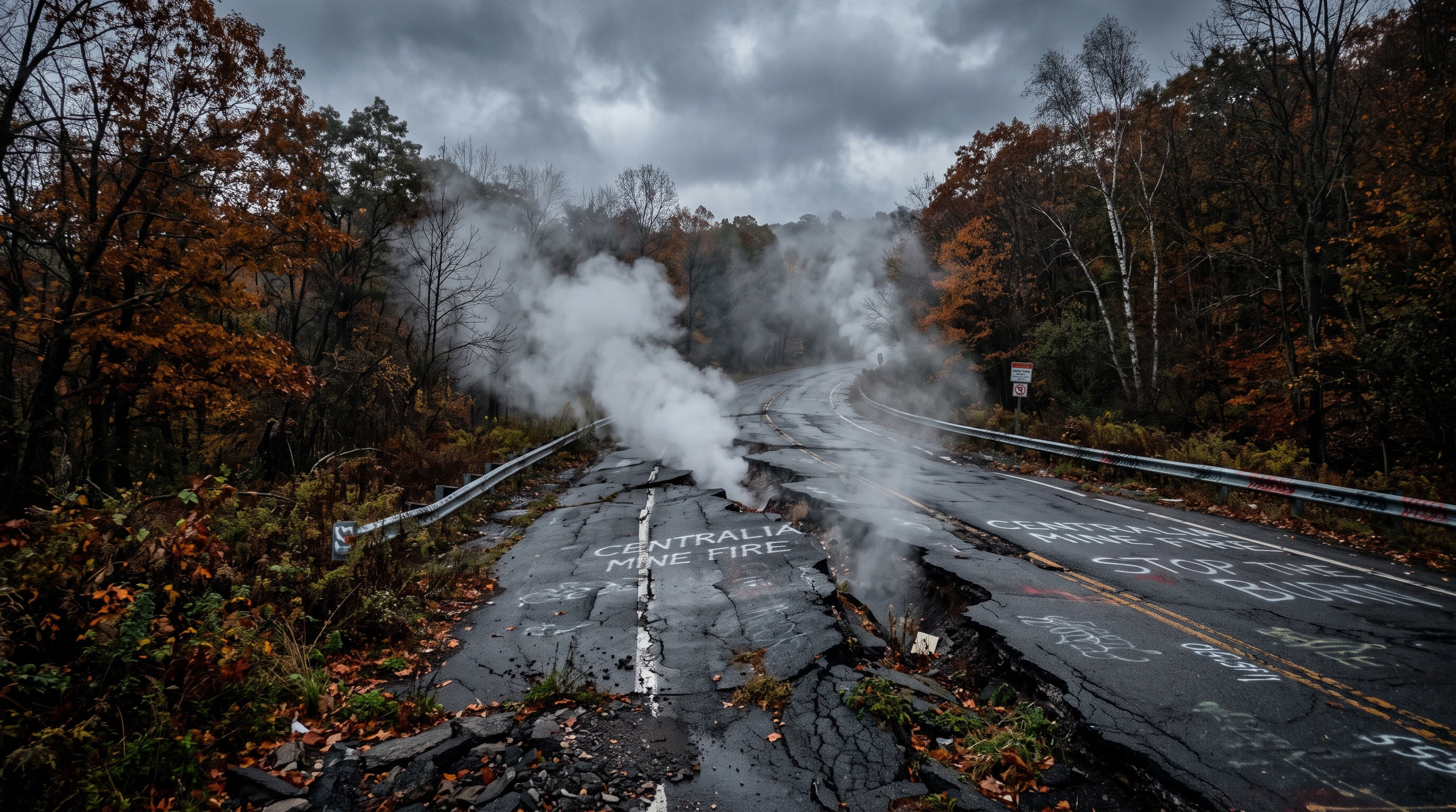 Cracked abandoned highway with plumes of sulfur steam rising from fissures in Centralia