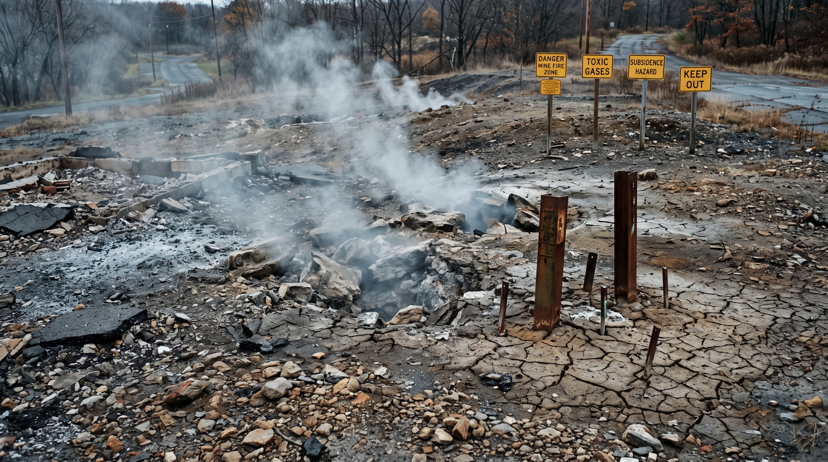 A barren clearing where homes once stood, with smoke rising from vents and warning markers