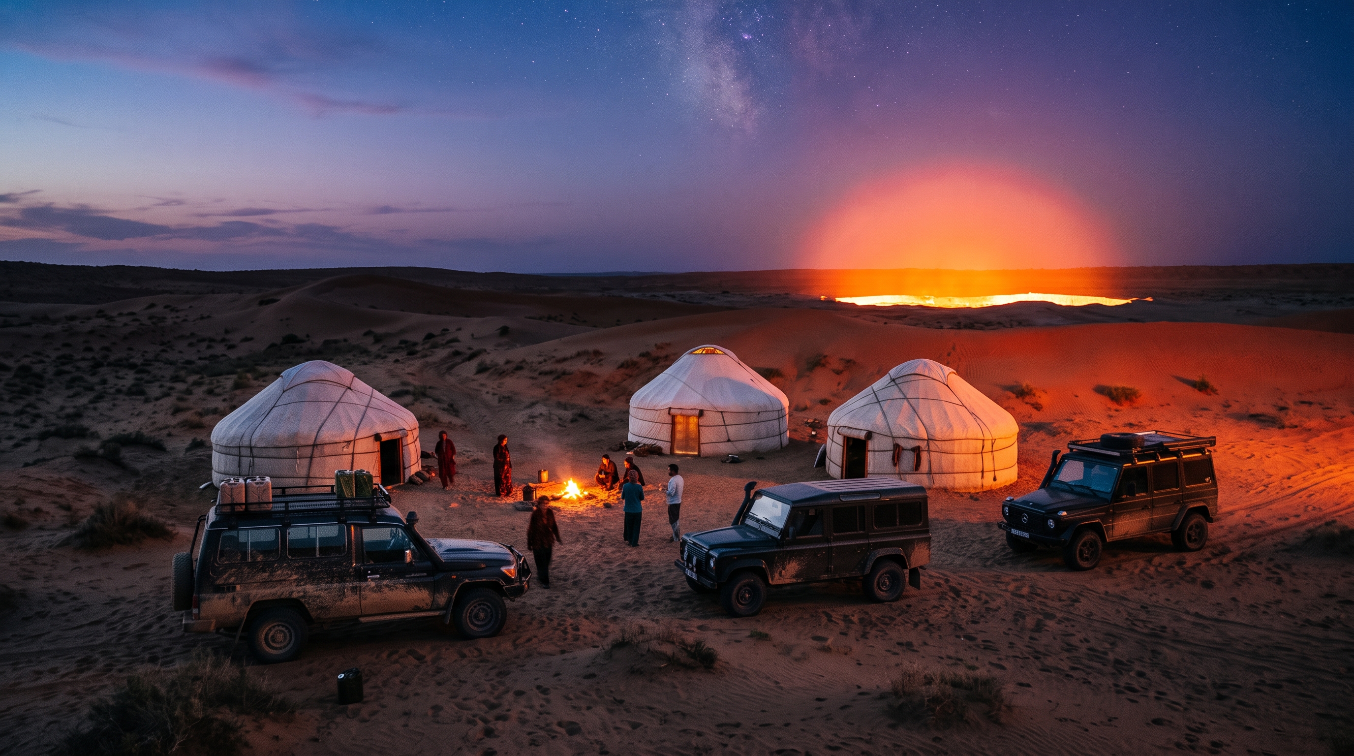 Traditional Turkmen yurt camps pitched at a safe distance from the glowing crater
