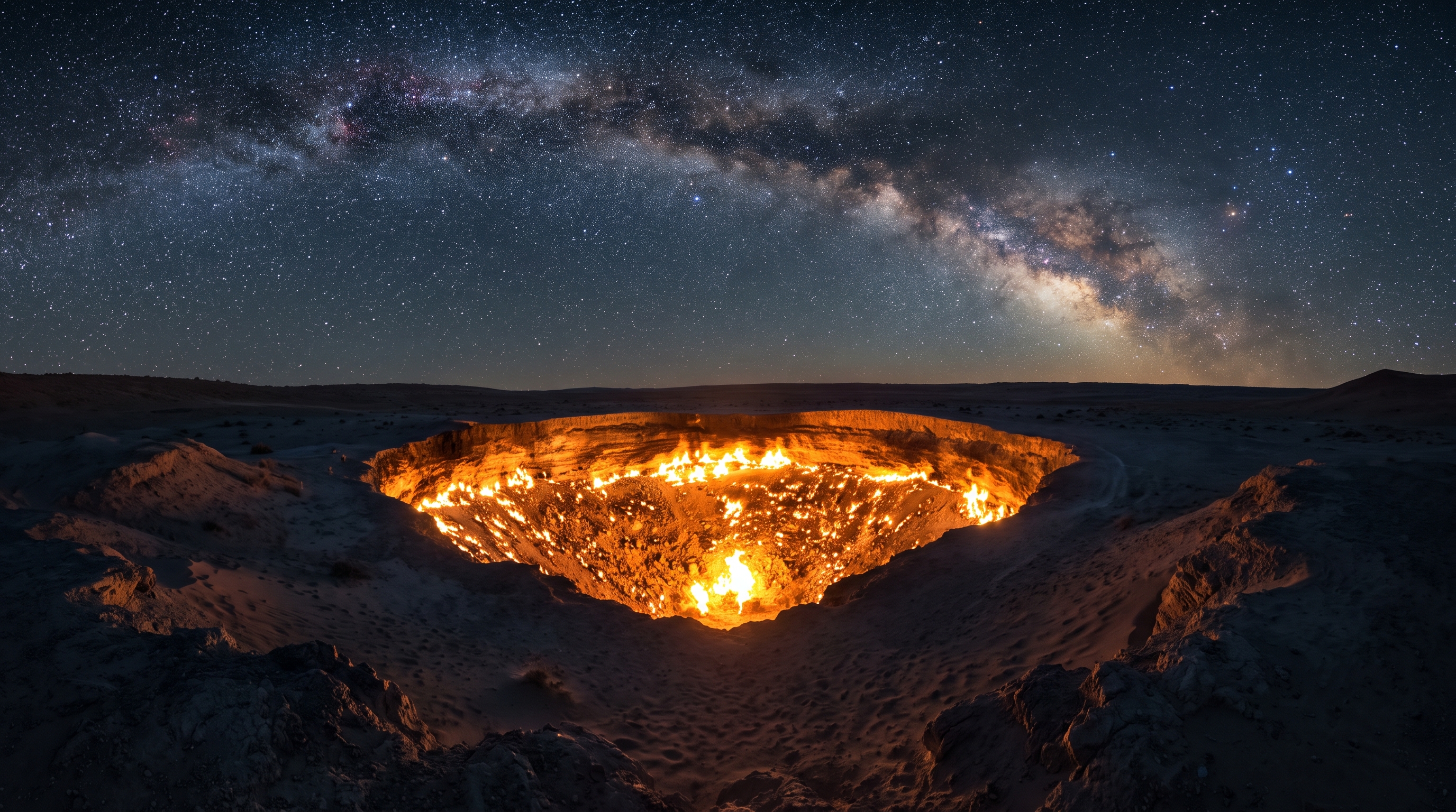 The glowing fiery caldera of the Darvaza Gas Crater beneath a starry desert sky