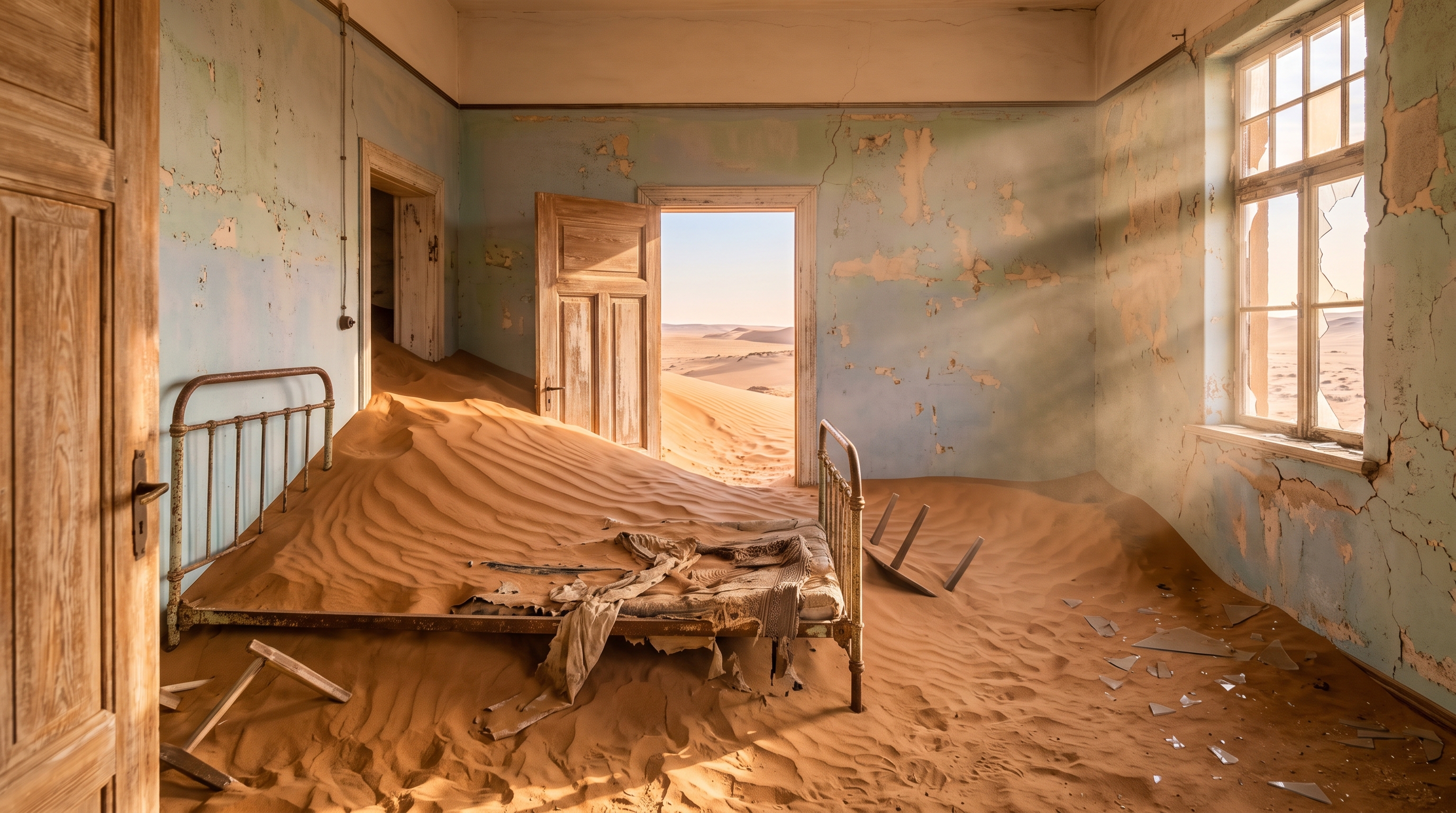 Desert sand dunes spilling through a pastel-colored room in Kolmanskop