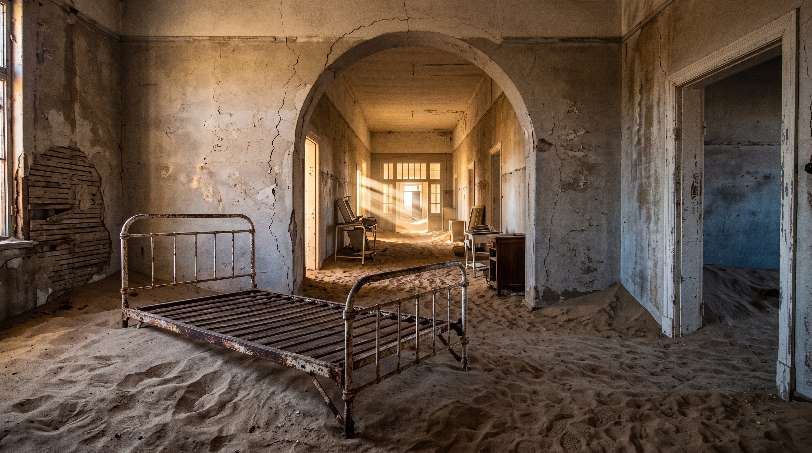 A derelict hospital ward with rusted beds half-buried in drifting desert sand