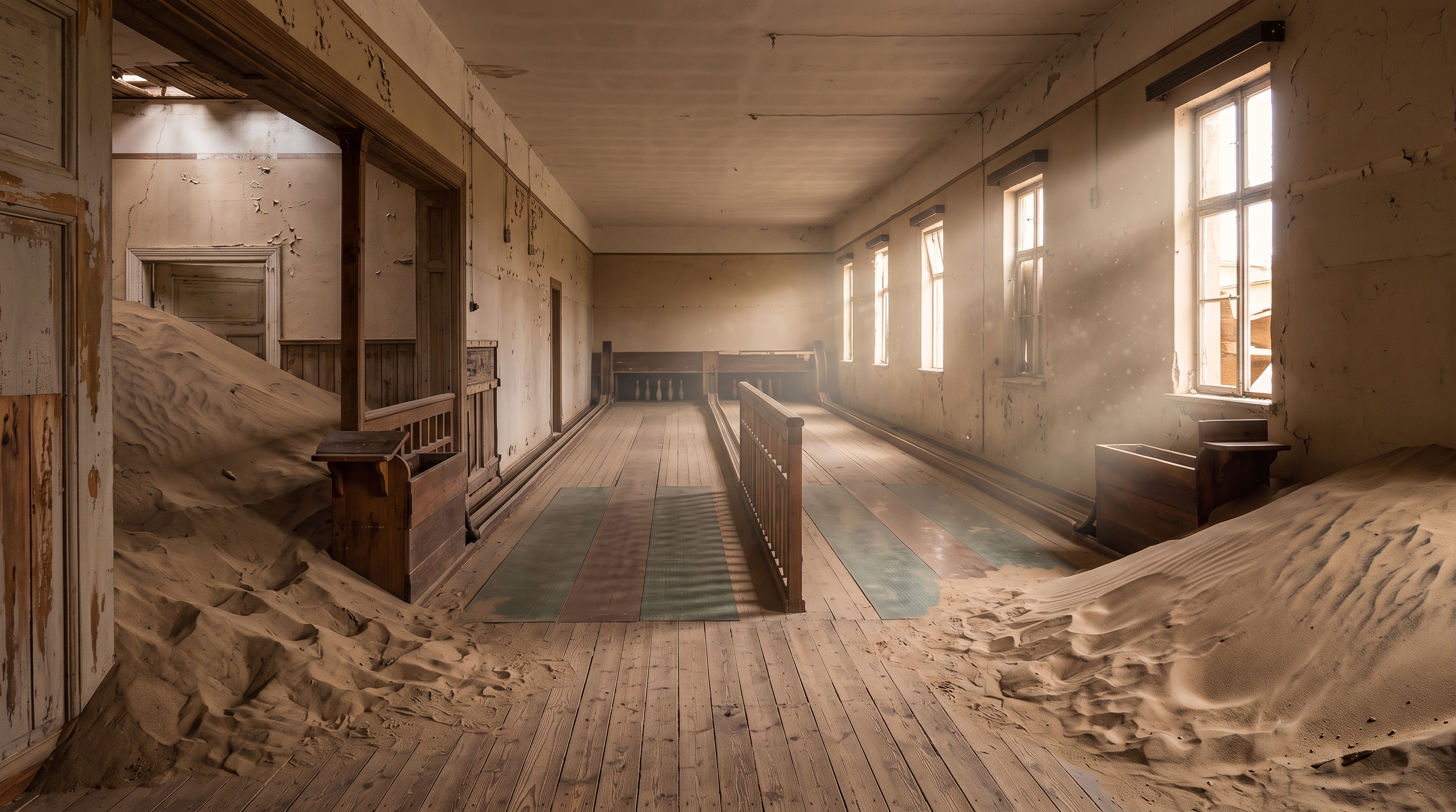 The grand community hall and bowling alley in Kolmanskop surrounded by sweeping dunes
