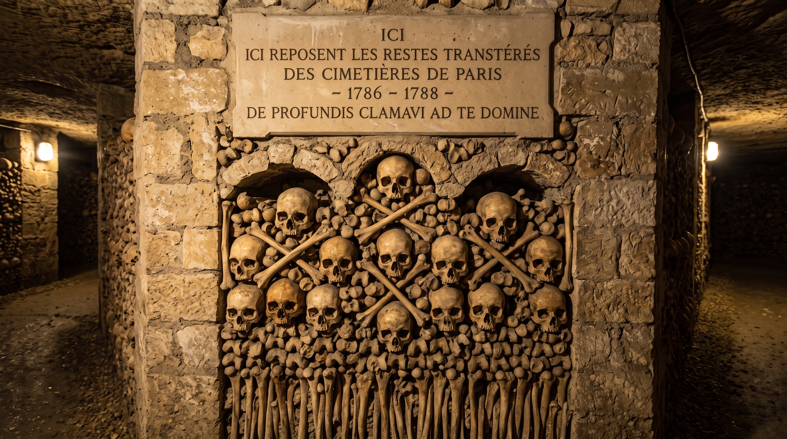 Ornate bone masonry inside the Catacombs ossuary