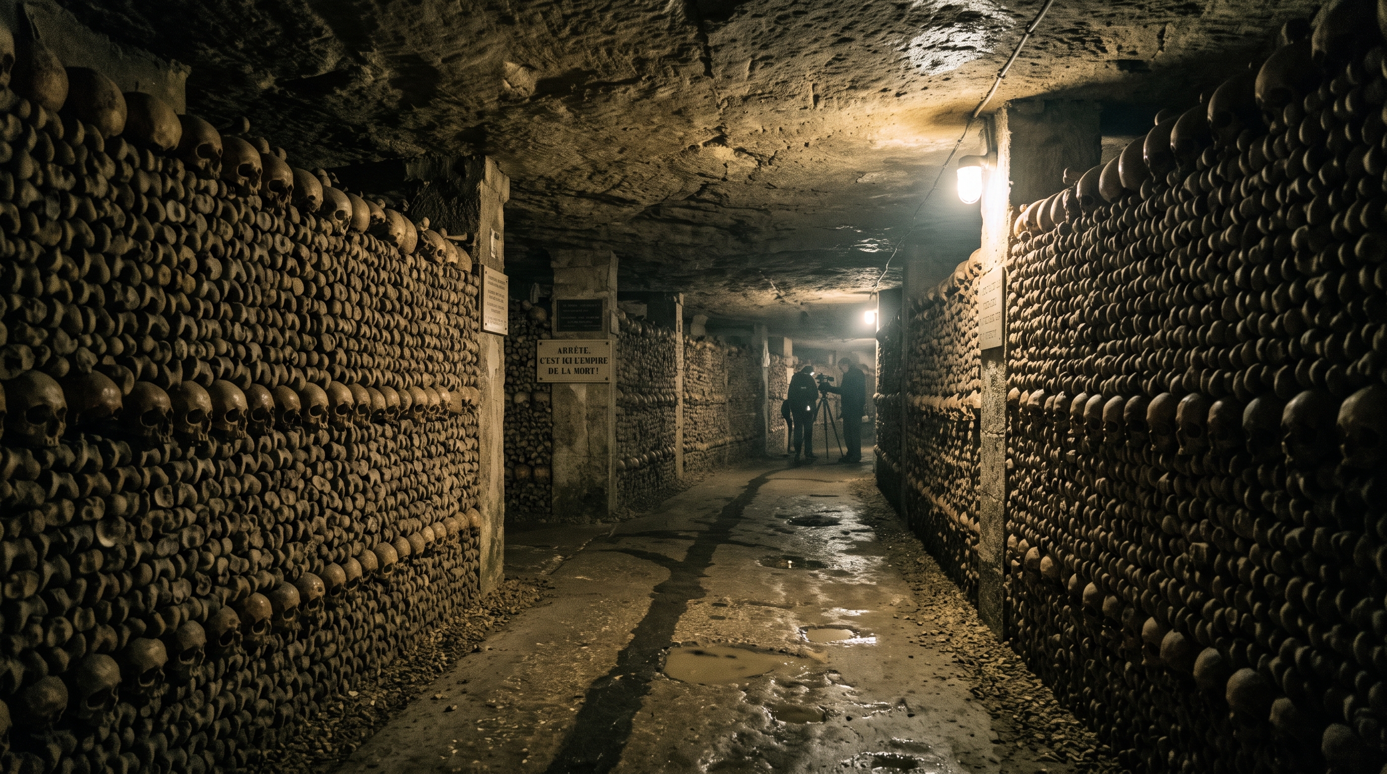 Underground corridor of the Paris Catacombs lined with stacked human bones