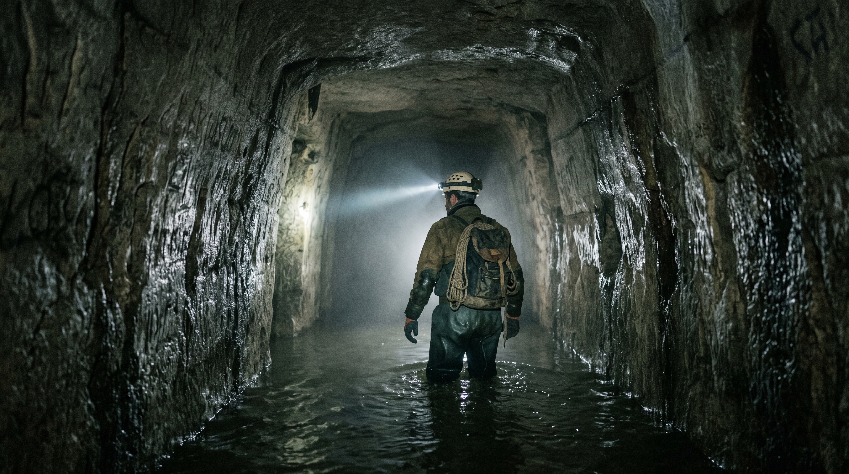 A solitary explorer with a headlamp in the unmapped Paris quarry network