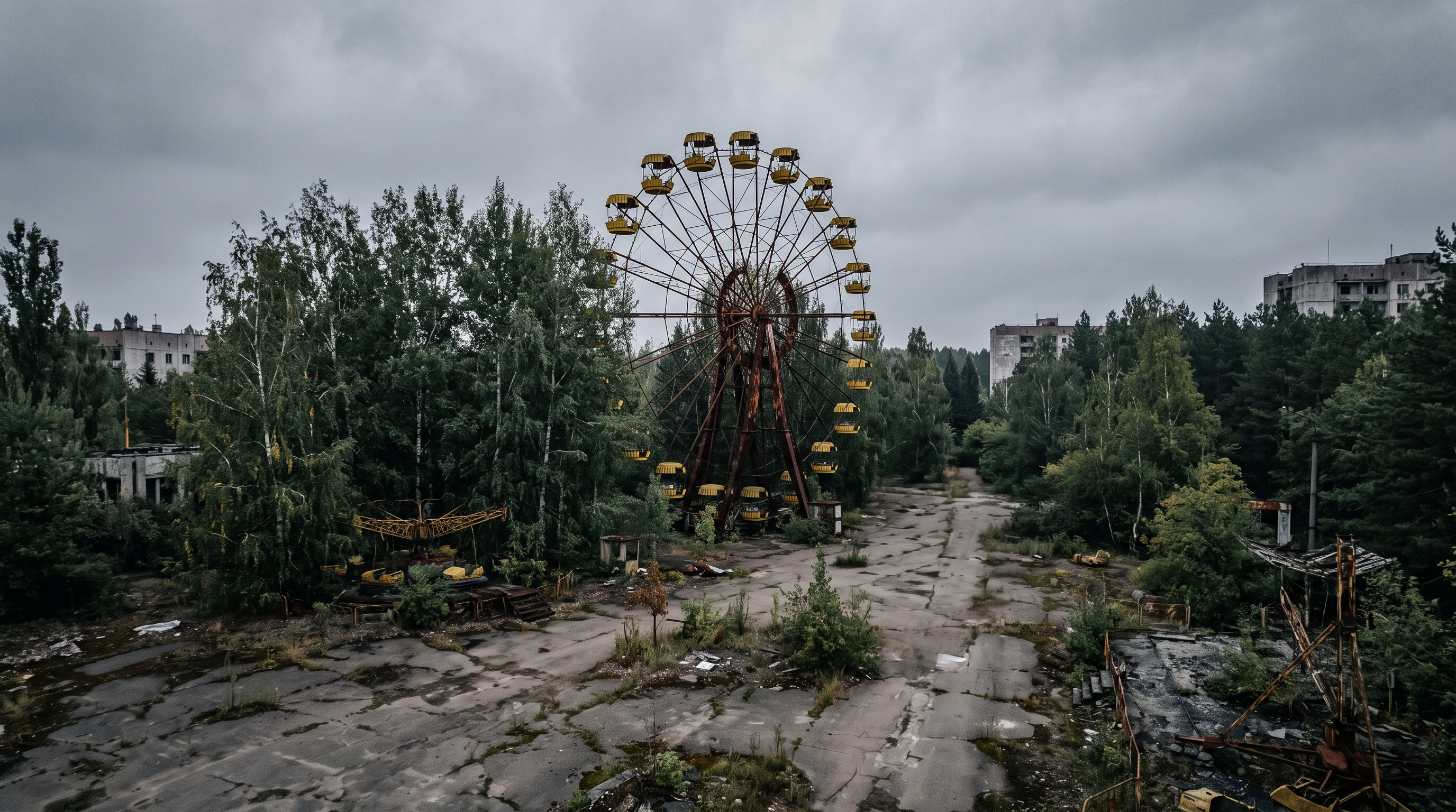 The iconic yellow Ferris wheel rusting amidst overgrown trees in Pripyat amusement park