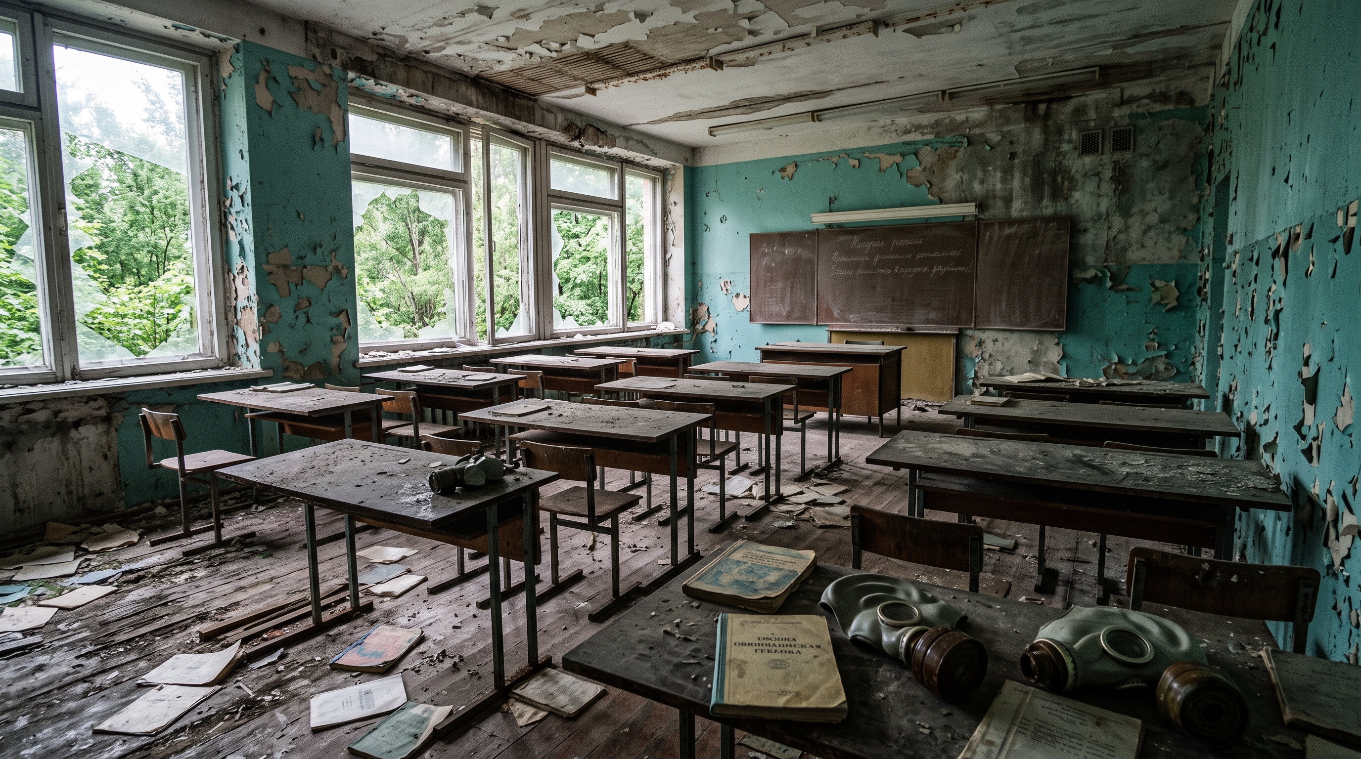 A crumbling Soviet schoolroom littered with decaying books and child gas masks