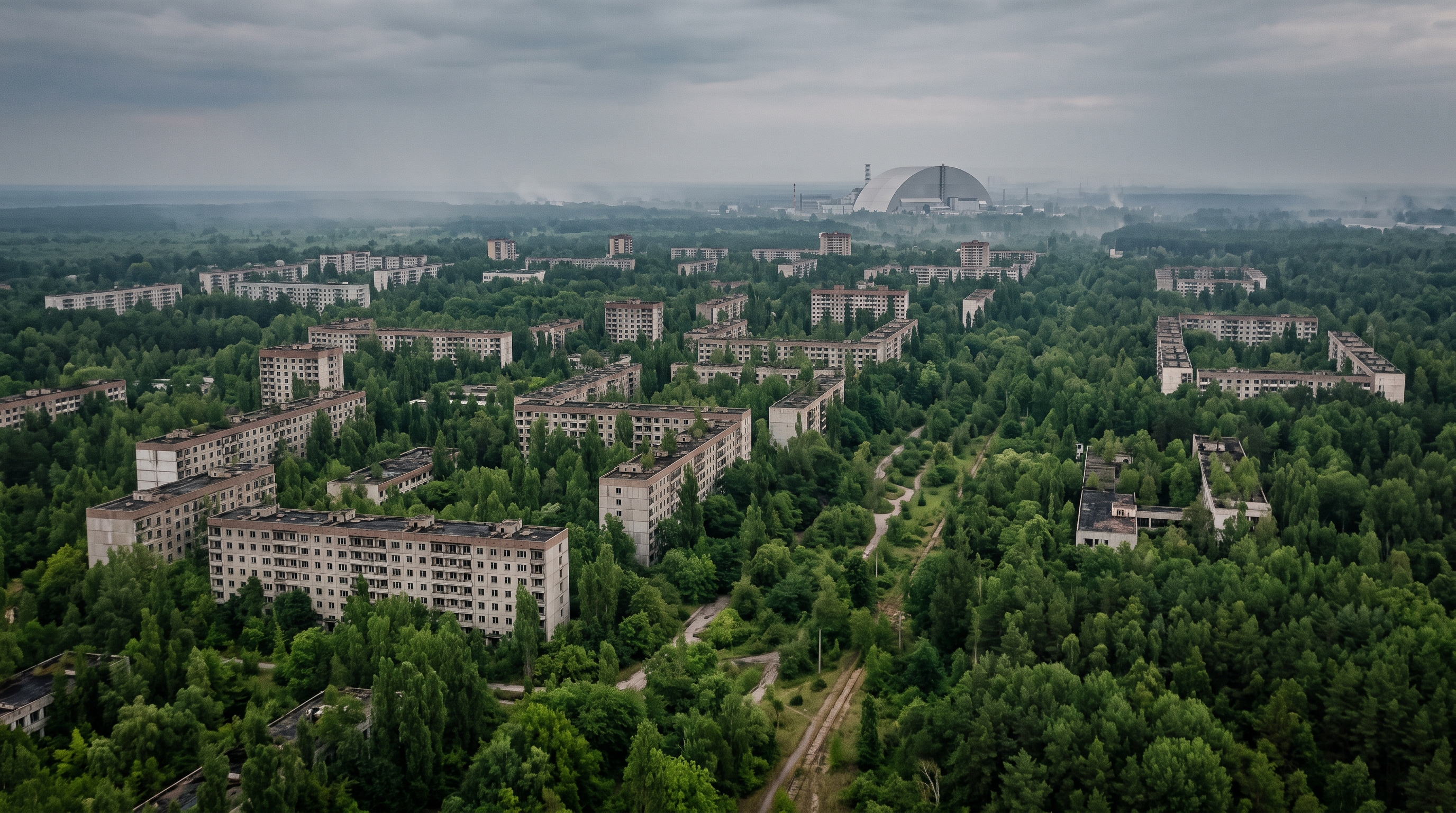 Brutalist Soviet apartment blocks viewed across a dense forest canopy