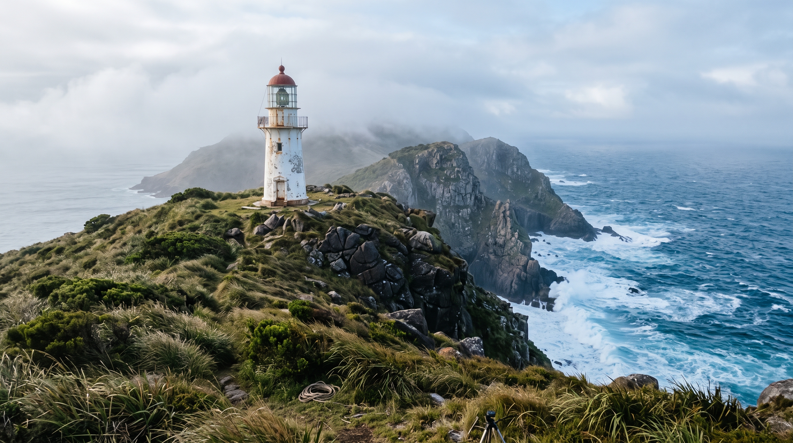The solitary automated white lighthouse on the ridge overlooking the Atlantic