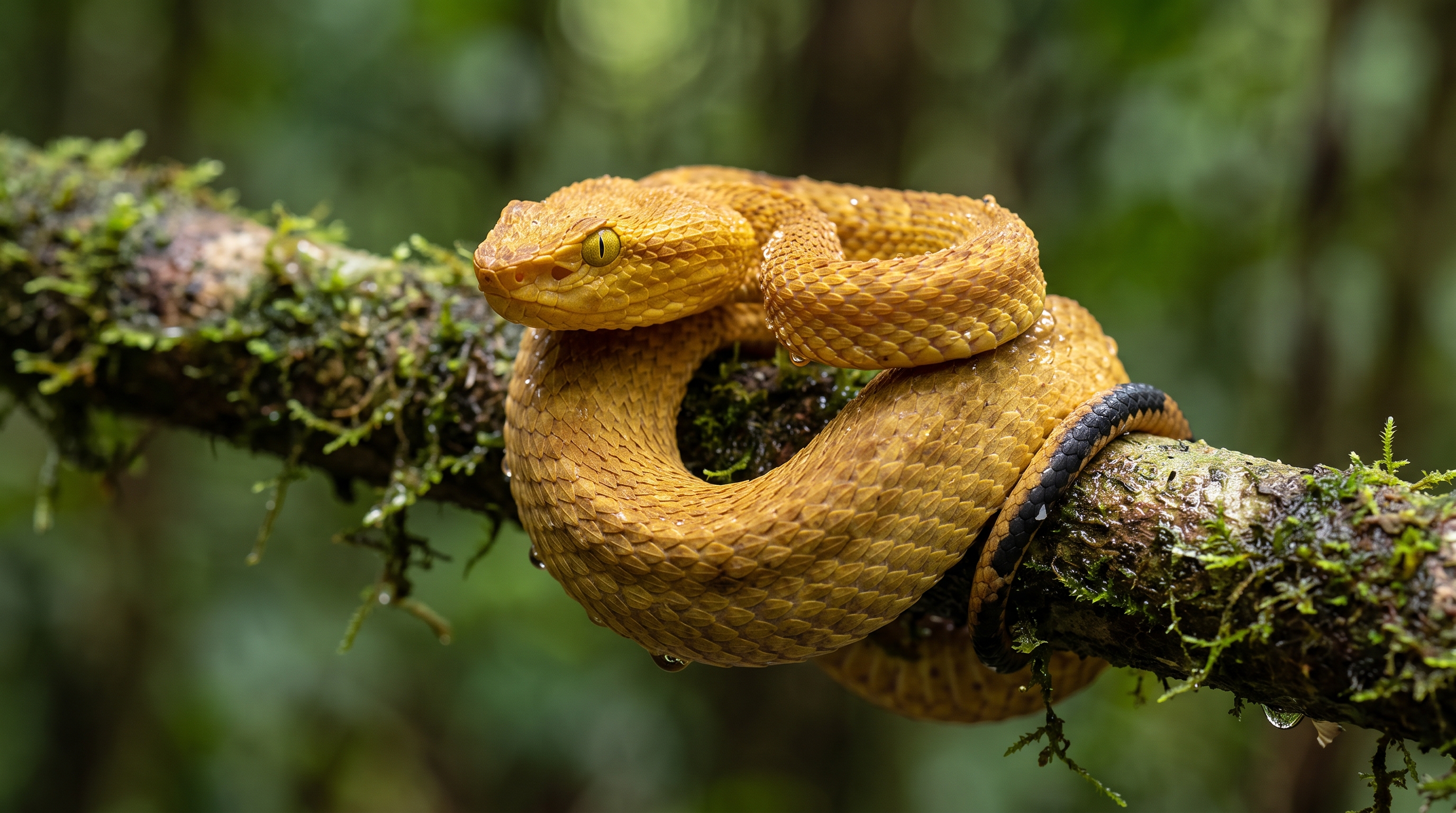 A golden lancehead pit viper coiled tightly around a mossy jungle branch